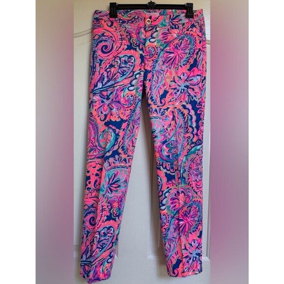 Lilly Pulitzer Pants - Lilly Pulitzer Print Pants Pink Blue Size 6 Slim Straight Ankle Preppy Resort